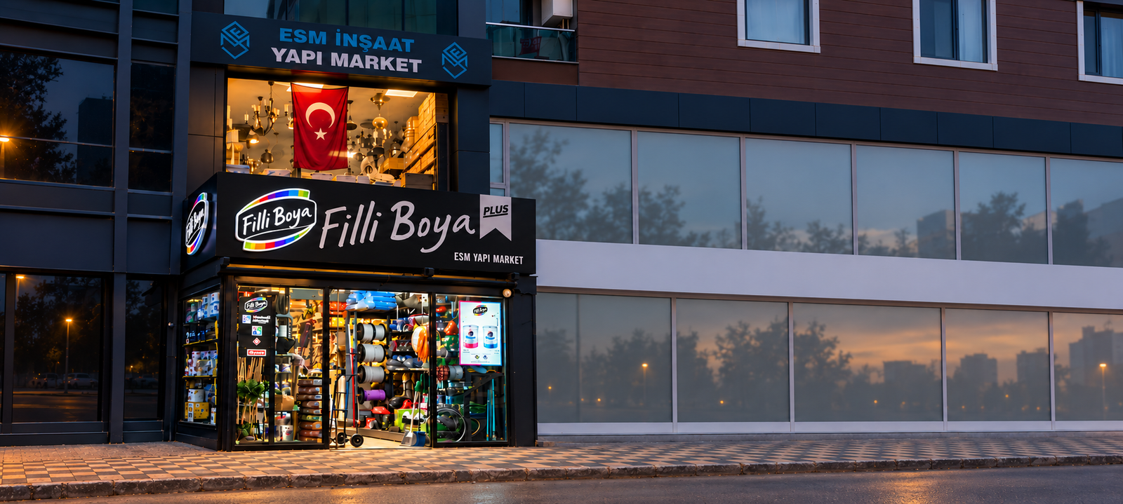 ESM İnşaat Yapı Market gece dış cephe ve mağaza vitrini